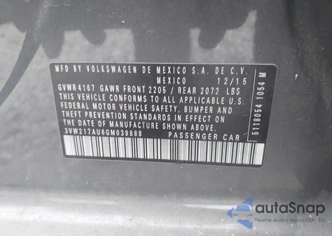 2016 Volkswagen Golf Tsi S 4-Door z USA, uszkodzony, nr VIN 3VW217AU6GM039888